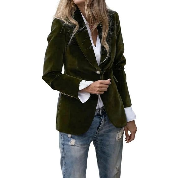 XPMWRP Women's Velvet Blazer Suit Jackets Business Casual Button Up Long Sleeve Coats Fall Winter Outerwear Work Office Solid Color Coats Green M