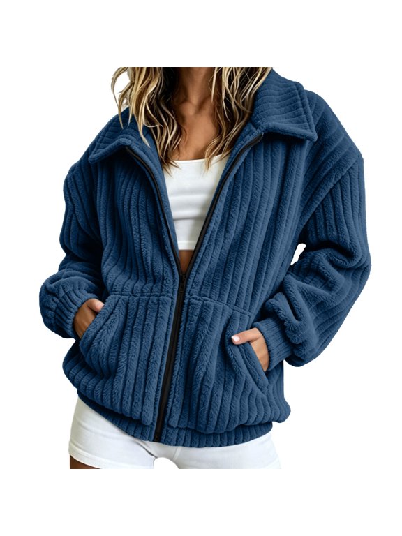 Women’s Vertical Ribbed Fuzzy Zip‑Up Jacket, Big Turn‑Down Collar Loose Warm Casual Fall‑Winter Outer Coat Sky Blue L