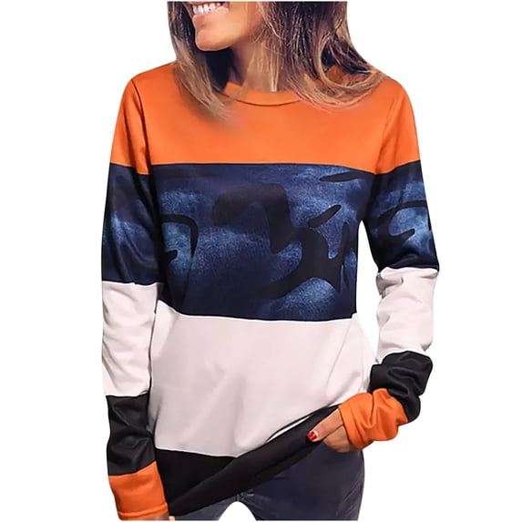 XPMWRP Women's Vintage Colorblock Sweatshirt Crewneck Long Sleeve Casual Loose Pullover Fall Winter Oversized Sweatshirt Orange XXXXXL