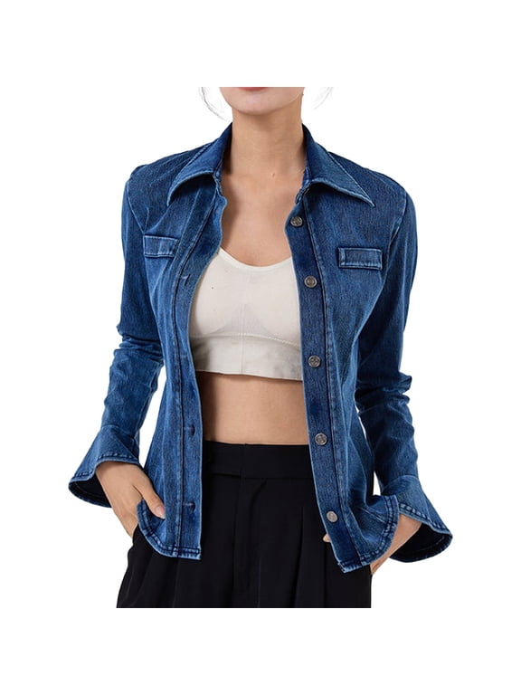 Women's Vintage Denim Jackets Dressy Long Bell Sleeve Solid Color Lapel Collar Jacket Button Down Casual Jean Coats Blue M
