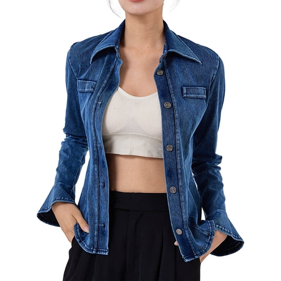 XPMWRP Women's Vintage Denim Jackets Dressy Long Bell Sleeve Solid Color Lapel Collar Jacket Button Down Casual Jean Coats Blue S