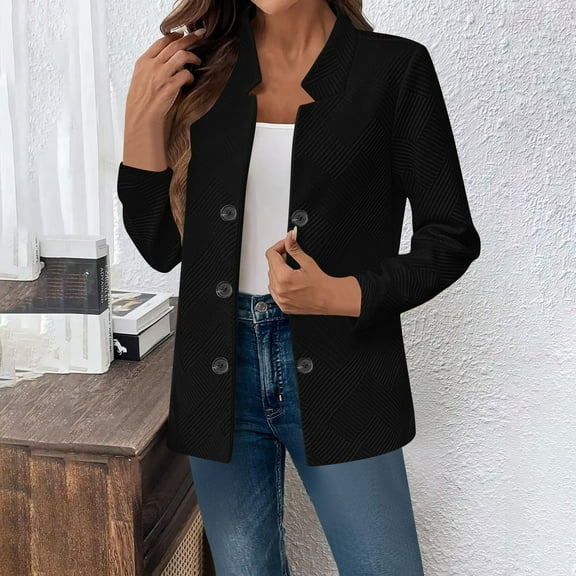 XPMWRP Women's Vintage Double Breasted Blazer Jacket Solid Color Long Sleeve Business Casual Coat Fall Winter Loose Trendy Jackets Black L