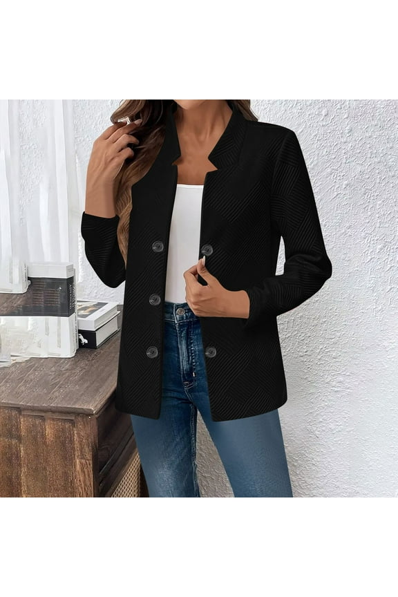 Women's Vintage Double Breasted Blazer Jacket Solid Color Long Sleeve Business Casual Coat Fall Winter Loose Trendy Jackets Black M