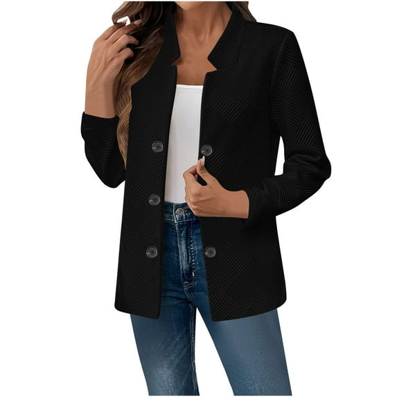 XPMWRP Women's Vintage Double Breasted Blazer Jacket Solid Color Long Sleeve Business Casual Coat Fall Winter Loose Trendy Jackets Black XL