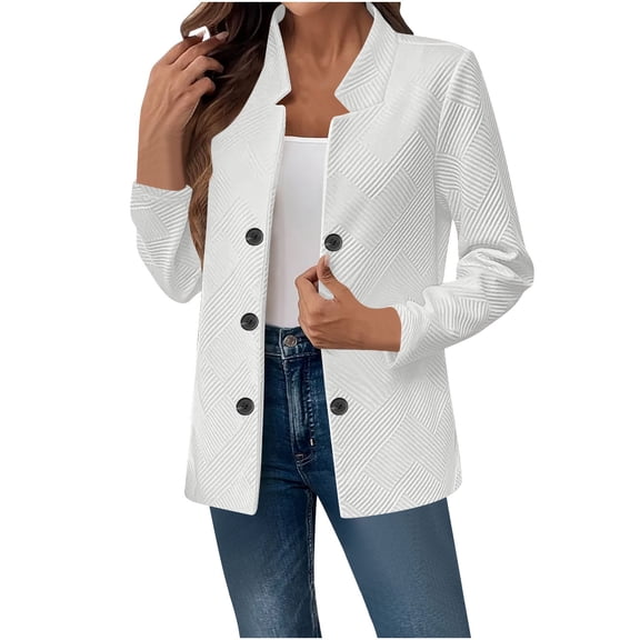 XPMWRP Women's Vintage Double Breasted Blazer Jacket Solid Color Long Sleeve Business Casual Coat Fall Winter Loose Trendy Jackets White L