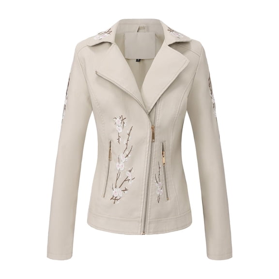 XPMWRP Women's Vintage Floral Print Embroidered Faux Soft Leather Zipper Windbreaker Lapel Coat with Double Pocket Beige S