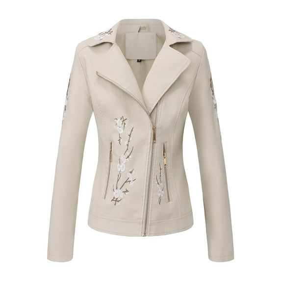 XPMWRP Women's Vintage Floral Print Embroidered Faux Soft Leather Zipper Windbreaker Lapel Coat with Double Pocket Beige XXL
