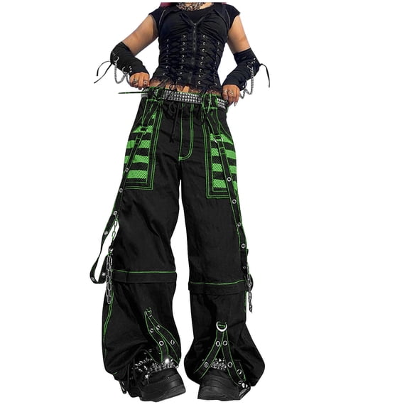 XPMWRP Women's Vintage Goth Hip Hop Jeans Punk High Waisted Baggy Bootcut Pants Strap Chain Striped Wide Leg Pants Green L