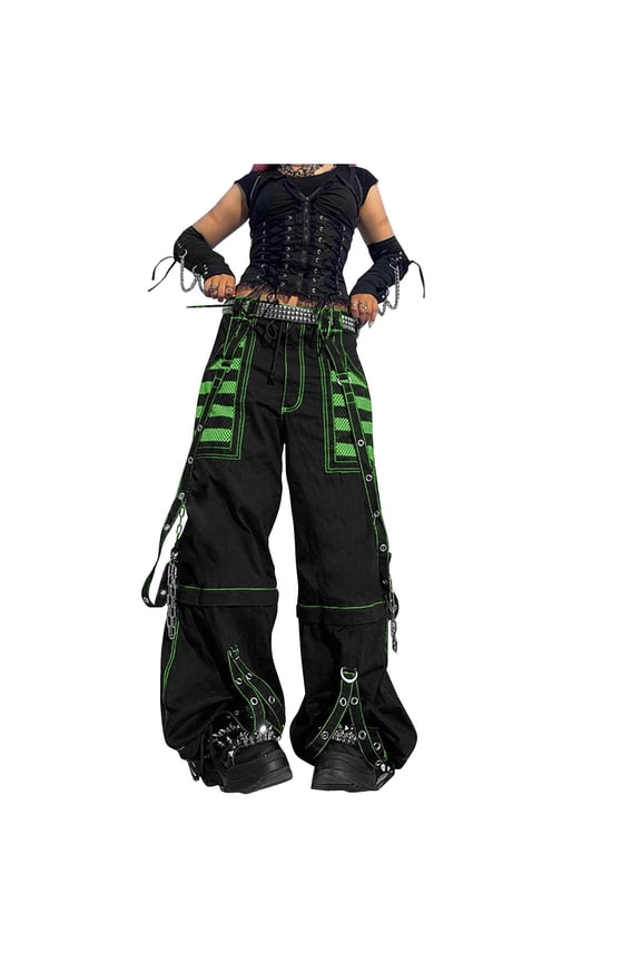 Women's Vintage Goth Hip Hop Jeans Punk High Waisted Baggy Bootcut Pants Strap Chain Striped Wide Leg Pants Green S