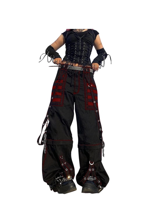 Women's Vintage Goth Hip Hop Jeans Punk High Waisted Baggy Bootcut Pants Strap Chain Striped Wide Leg Pants Red M