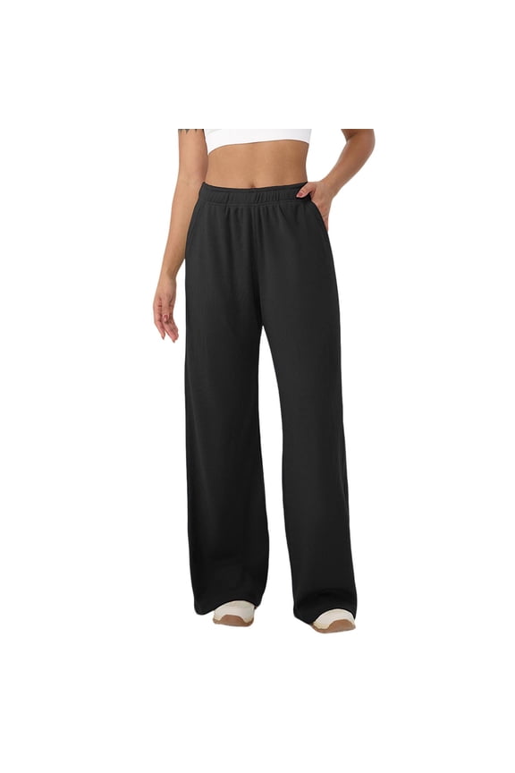 Women's Waffle Knit Sweatpants Elastic Waisted Straight Wide Leg Casual Yoga Pants Spring Fall Lightweight Breathable Joggers Black S