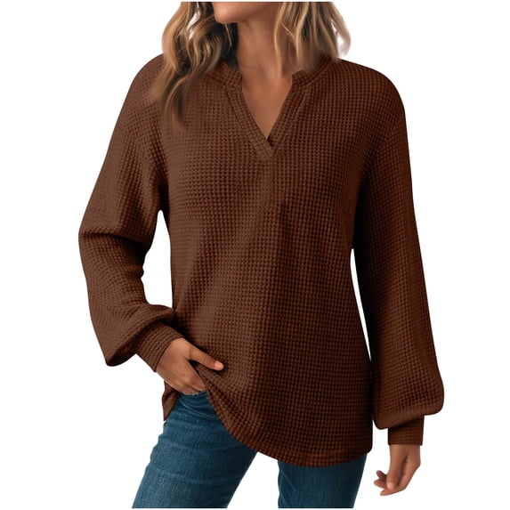 XPMWRP Women's Waffle Knit Tops Notch Neck Sweatshirt Hoodies Fall Winter Comfy Sweatshirt Lightweight Solid Color Long Sleeve Pullover Brown XL