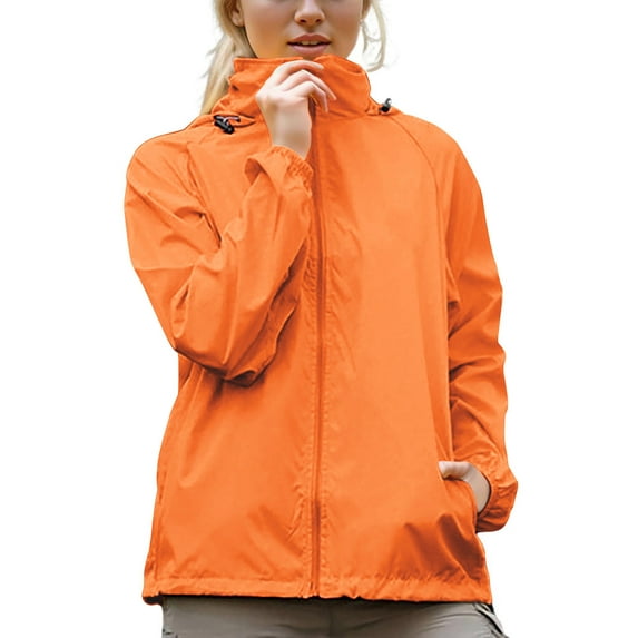 XPMWRP Women's Waterproof Hooded Casual Jacket Loose Windbreaker Long Sleeved Coat Solid Color Stand Collar Zipper Jacket With Storage Bag Orange XS