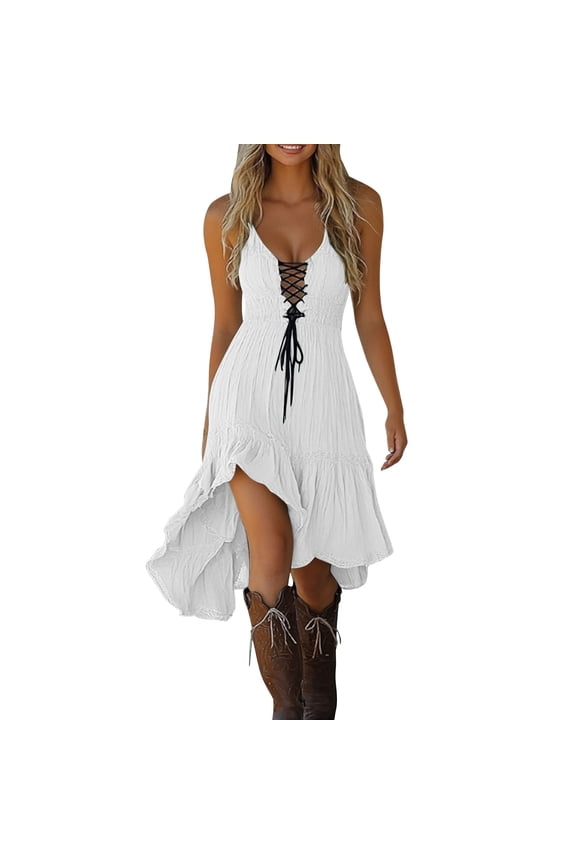 Women's Western Lace Up Sleeveless Sundress V Neck High Low Ruffle Hem Midi Dress Boho Country Concert Summer Dress for Women White M