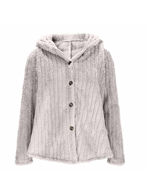 Women's Winter Button Down Hooded Warm Coats Soft Casual Baggy Solid Color Jacket Long Sleeve Loose Outerwear Beige XL