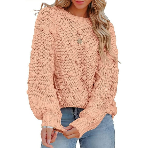 XPMWRP Women's Winter Crew Neck Pullover Jumper Cute Long Puff Sleeve Chunky Knit Sweater Pompom Jumper Solid Color Top Pink L