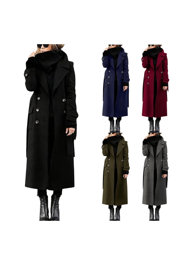 Women's Winter Double Breasted Trench Coat Business Casual Long Winter Pea Coat Windbreaker Streetwear Oversized Jackets with Pockets Wine S