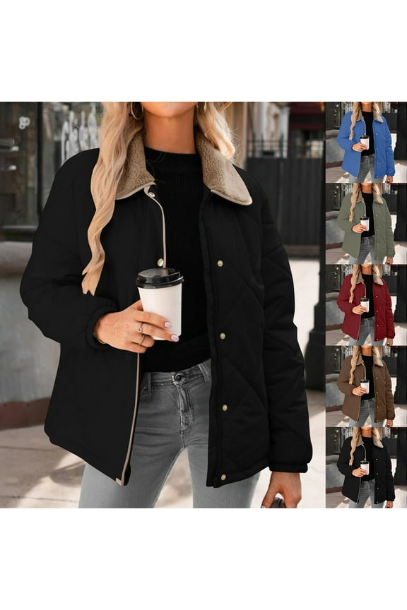 Women's Winter Long Sleeve Quilted Jackets Casual Zip Snap Button Down Puffer Jacket Lapel Padded Outerwear Coats Red XL