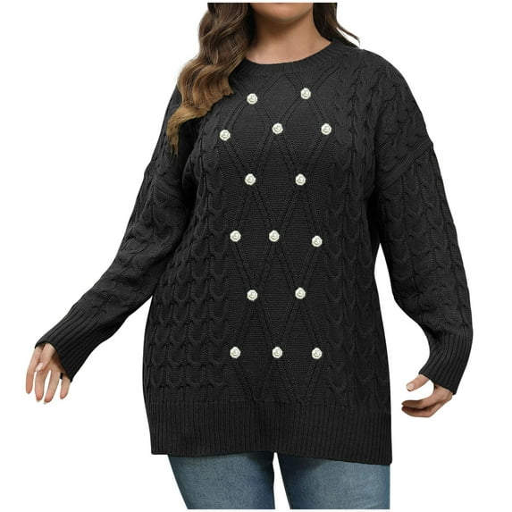 XPMWRP Women's Winter Plus Size Cable Knit Loose Sweater Classic Long Sleeve Crewneck Casual Pullover Tops with Beads Decoration Black L