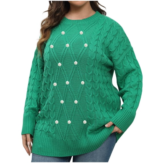 XPMWRP Women's Winter Plus Size Cable Knit Loose Sweater Classic Long Sleeve Crewneck Casual Pullover Tops with Beads Decoration Green XXL