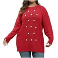 thumbnail image 1 of XPMWRP Women's Winter Plus Size Cable Knit Loose Sweater Classic Long Sleeve Crewneck Casual Pullover Tops with Beads Decoration Red XXL, 1 of 7