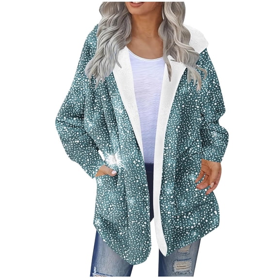 XPMWRP Women's Winter Sherpa Long Sleeved Warm Coats Fuzzy Fashionable Printed Coats Fleece Jacket Plus Size Warm Jacket Blue S