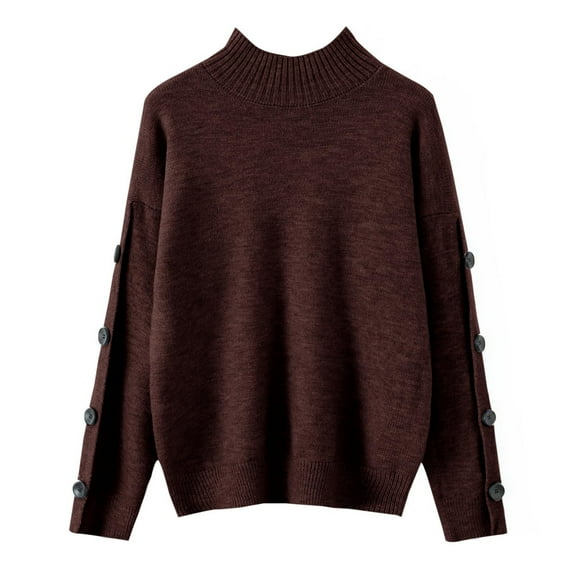 XPMWRP Women's Winter Solid Color Thick Button Designed Sweater Top Sweater Ladies Half Turtleneck Pullover Casual Knit Sweater Brown M