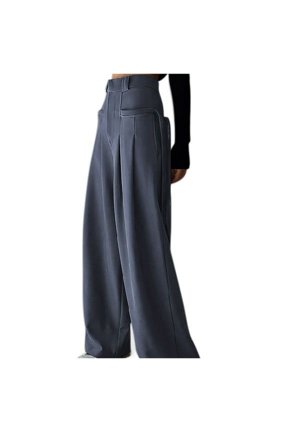 Women's Work Pants Dressy Casual Loose Fit Wide Leg Straight Trouser High Waisted Baggy Office Dress Pants Gray M