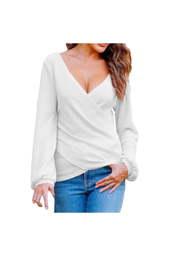 Women's Wraps Knit Solid Color Sweatshirts Long Sleeves V Neck Pullover Cable Crochet Fall Winter Casual Sweatshirt White XXL