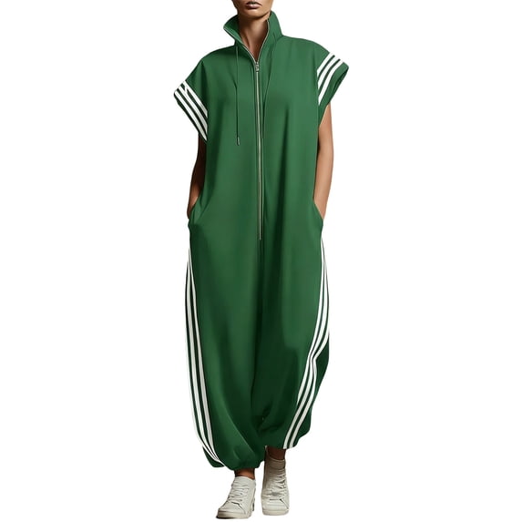 XPMWRP Women's Zipper Jumpsuit with Stripe Detail Casual Loose One-Piece Outfit with Pockets for Streetwear Green L