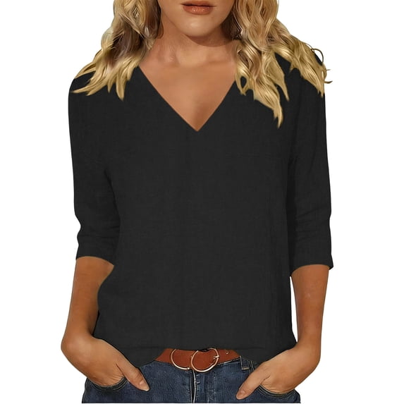 XPMWRP Womens 3/4 Length Sleeve Tops Casual Loose Fit V Neck T Shirts Solid Three Quarter Length Tunic Tops Summer Blouse Black S