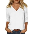 thumbnail image 1 of XPMWRP Womens 3/4 Length Sleeve Tops Casual Loose Fit V Neck T Shirts Solid Three Quarter Length Tunic Tops Summer Blouse White S, 1 of 7