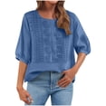 thumbnail image 1 of XPMWRP Womens 3/4 Length Sleeve Tops Dressy Casual Crew Neck Embroidered Summer Top Pleated T-Shirts Loose Fit Work Blouses Blue M, 1 of 6