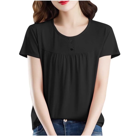 XPMWRP Womens Babydoll Shirts Crew Neck Button Front Pleated Tunic Tops Short Sleeve Casual Swing Tees for Work Black XXXXXL