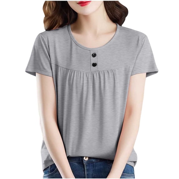 XPMWRP Womens Babydoll Shirts Crew Neck Button Front Pleated Tunic Tops Short Sleeve Casual Swing Tees for Work Gray XXL