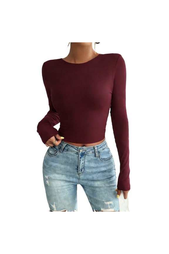 Womens Backless Going Out Tops Open Back Basic Shirts Lightweight Long Sleeve Blouses Casual Classic Top Wine S