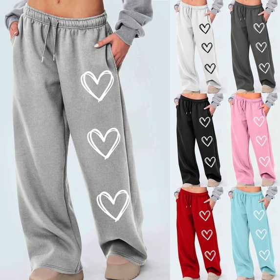 XPMWRP Womens Baggy Sweatpants Wide Leg High Waisted Running Pants Love Heart Graphic Drawstring Athletic Workout Joggers Pink L