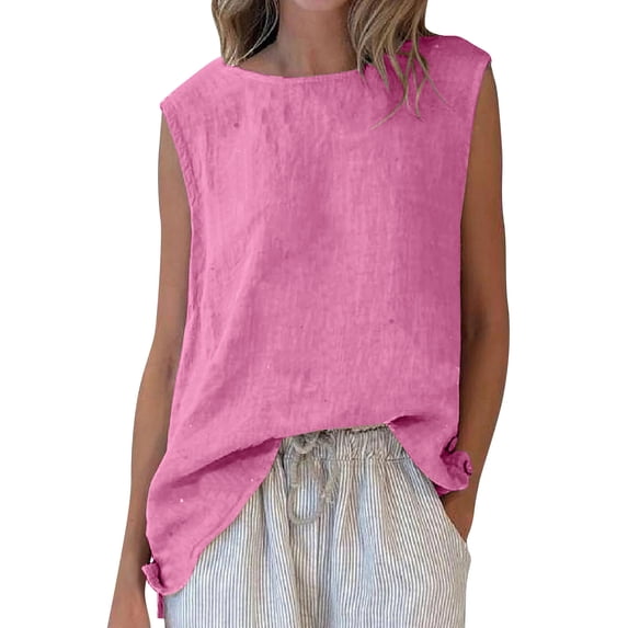 XPMWRP Womens Boat Neck Sleeveless Linen Tank Top Casual Loose Fit Flowy Blouse for Summer Daily Wear Beach Vacation Hot Pink XXXL