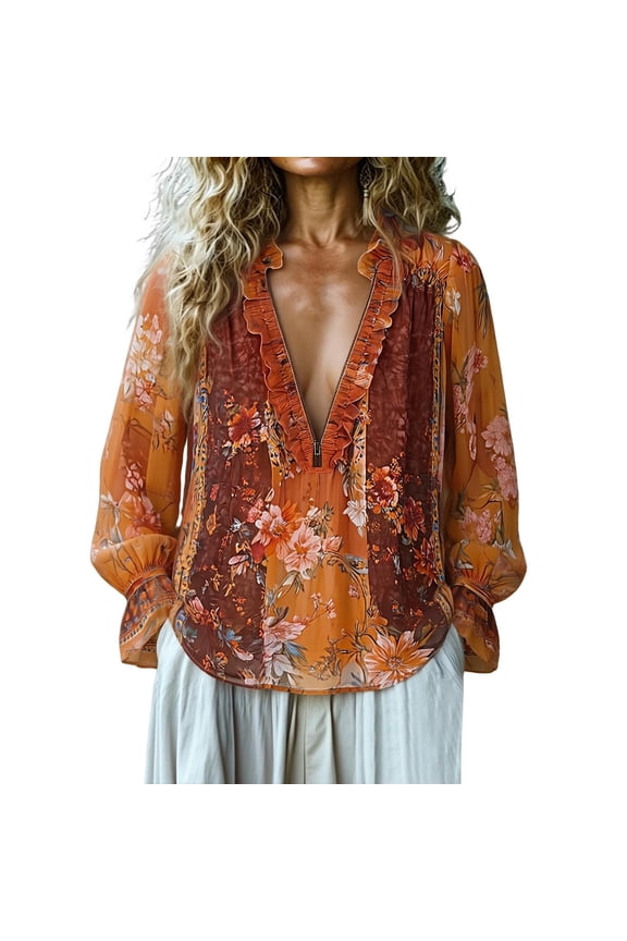 Womens Boho Floral Print V Neck Blouse Ruffle Long Sleeve Casual Flowy Tunic Top for Work and Vacation Orange S