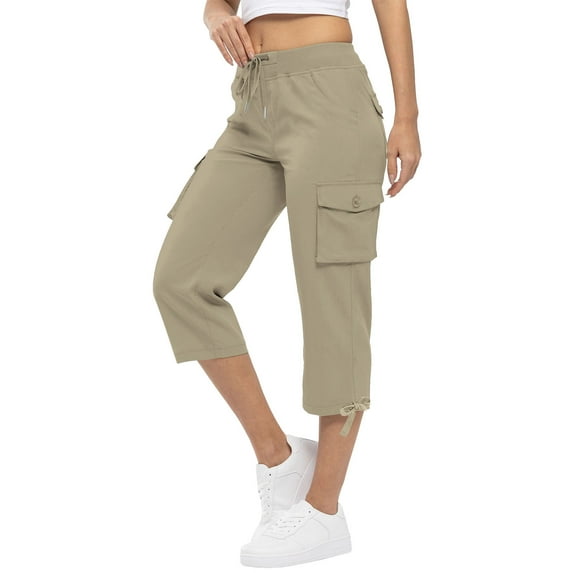 XPMWRP Womens Cargo Capris Summer Casual Drawstring Mid Waisted Hiking Jogger Pants Lightweight Outdoor Cotton Capri Pants Khaki XL