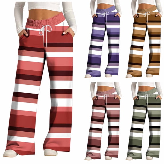 XPMWRP Womens Casual Striped Wide Leg Pants Elastic Waist Drawstring Loose Soft Fashionable Pants Fall Clothes Green S