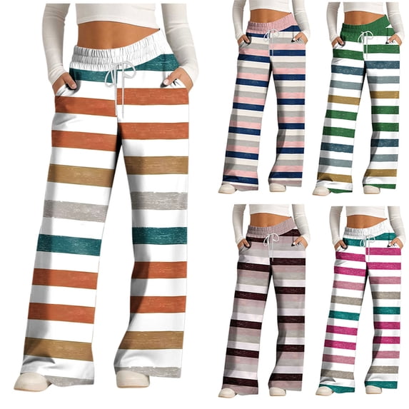 XPMWRP Womens Casual Striped Wide Leg Pants Elastic Waist Drawstring Loose Soft Fashionable Pants Fall Clothes Green XL