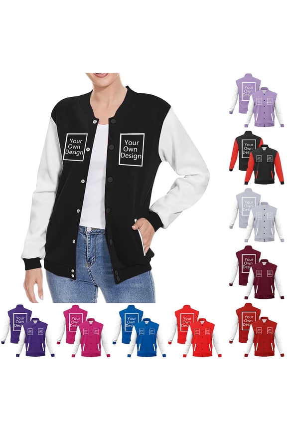 Womens Color Block Raglan Sleeve Varsity Jacket Snap Button Stand Collar Casual Baseball Coat With Front Pockets Purple XXL