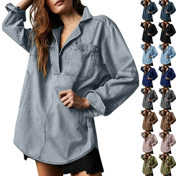 XPMWRP Womens Denim Tops Pullover Trendy Casual V Neck Loose Fit Long Sleeve Oversized Jean Shirts Jacket with Pocket Light Blue S