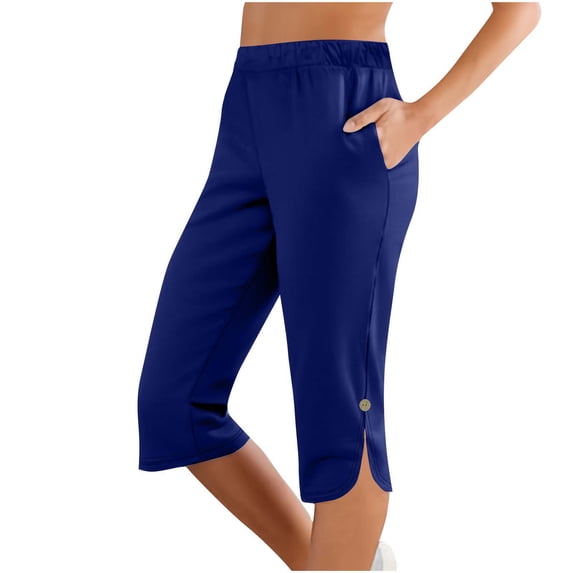 XPMWRP Womens Drawstring Capri Pants Elastic Waist Casual 3/4 Length Pants with Pockets Split Hem Button Detail Summer Pants Blue XL