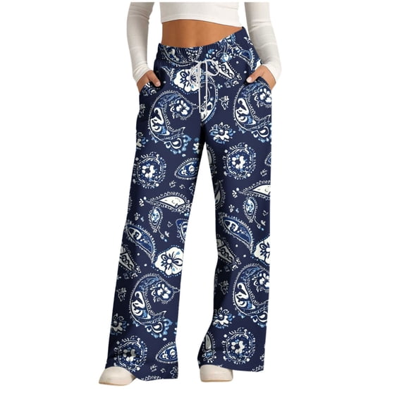 XPMWRP Womens Elastic High Waisted Drawstring Palazzo Pants Casual Wide Leg Long Loose Pant Trousers with Pockets Navy S