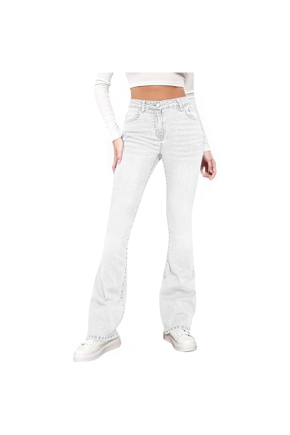 Womens Flare Leg Stretchy Denim Pants Going Out Bell Bottom Jeans Spring Summer Fall Fashion Slim Fit Bootcut Trousers White XXL