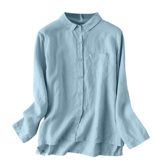 XPMWRP Womens Linen Blend Button Down Shirt Collared Long Sleeve Blouse Casual Loose Fit with Chest Pocket Light Blue XL