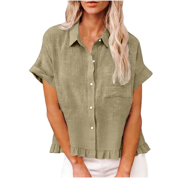 XPMWRP Womens Linen Button Down Shirt Casual Short Sleeve Ruffle Hem Blouse Loose Fit V Neck Collared Tops for Summer Breathable Daily Wear Green XXXXL