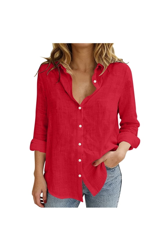 Womens Linen Shirts Casual Summer Lightweight Long Sleeve Button Down Blouse Collared Loose Fit Spring Office Work Tops Red S